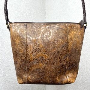 Relic Brown Embossed Paisley Faux Leather Crossbody Bag Braided Strap Purse